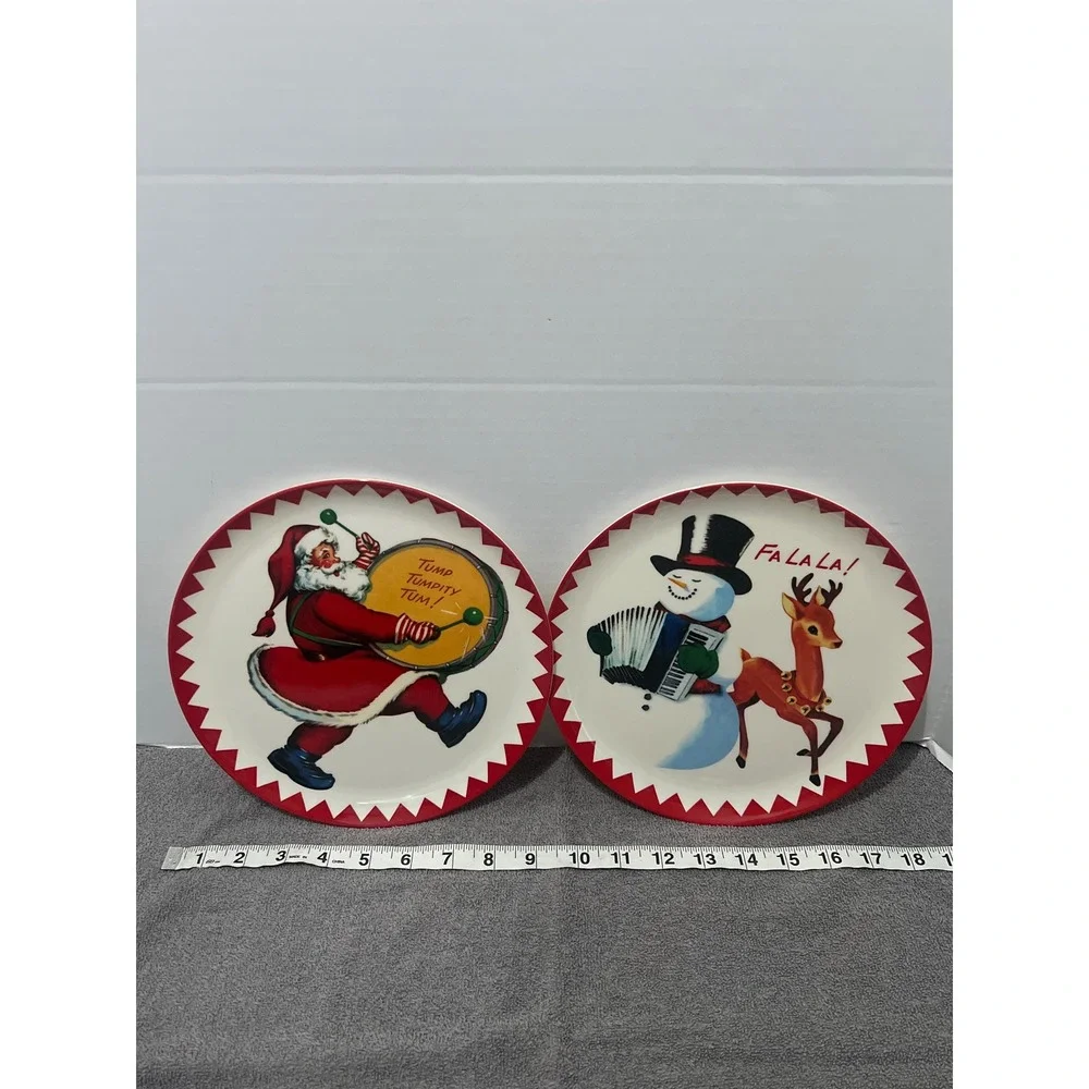 Set of 2 Christmas Melamine Plates Santa Snowman Reindeer Retro Holiday 9 Inch